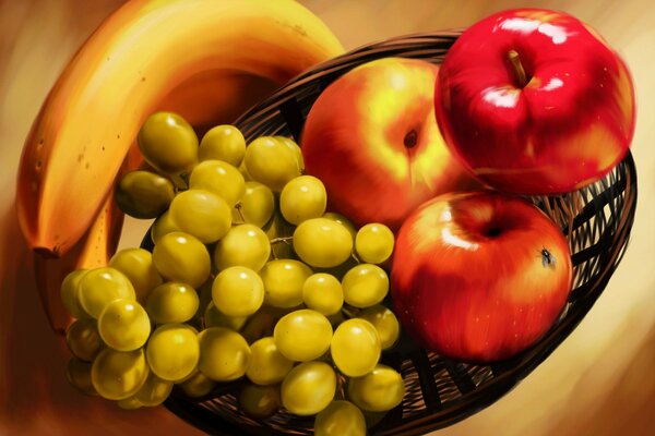 Obstkorb auf dem Tisch. Äpfel, Bananen und Trauben