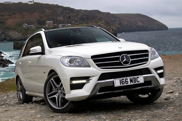 White Mercedes near the raging sea