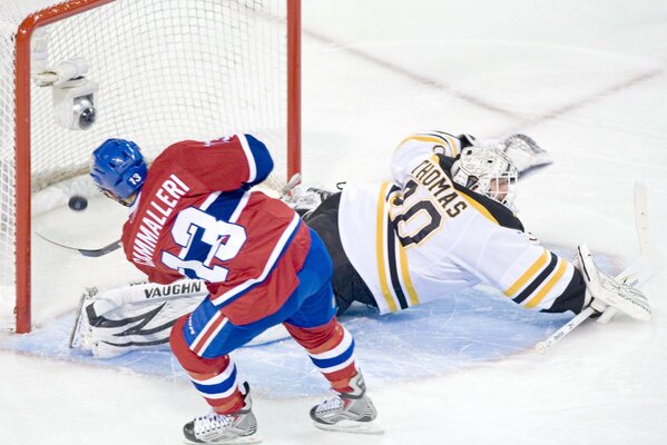 A hockey player scores a goal in the goal