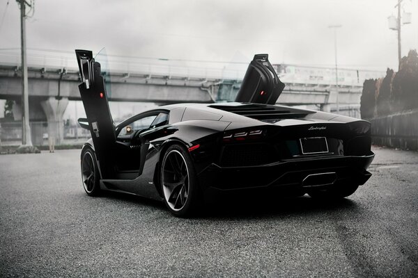 Lamborghini aventador negro primer plano con puertas elevadas