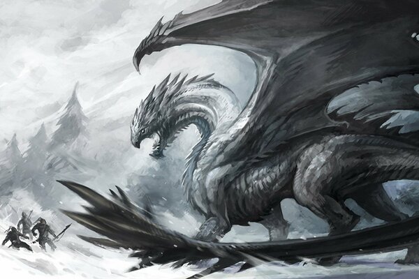 The battle of humans and a dragon in the snow