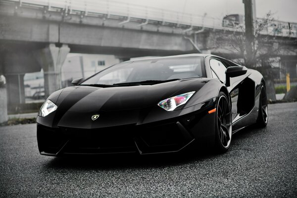 Black Lamborghini avendator on black and white background