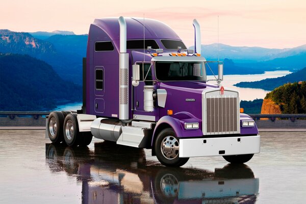 Purple tractor truck on the background of mountains