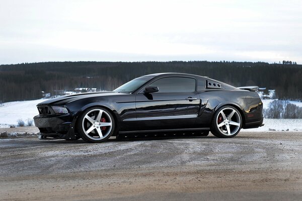 Vista horizontal del Mustang negro