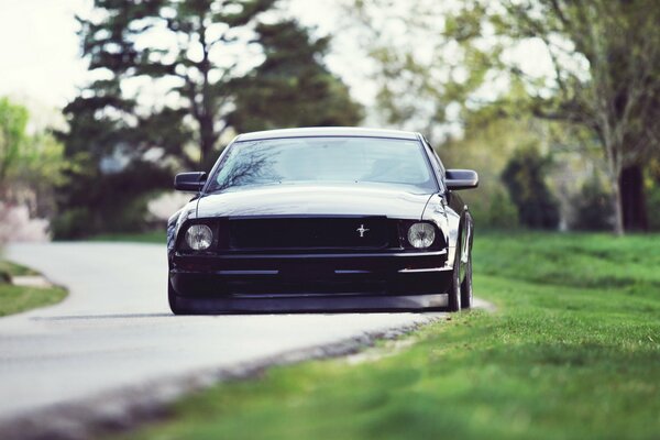 Zaniżony Ford Mustang na drodze