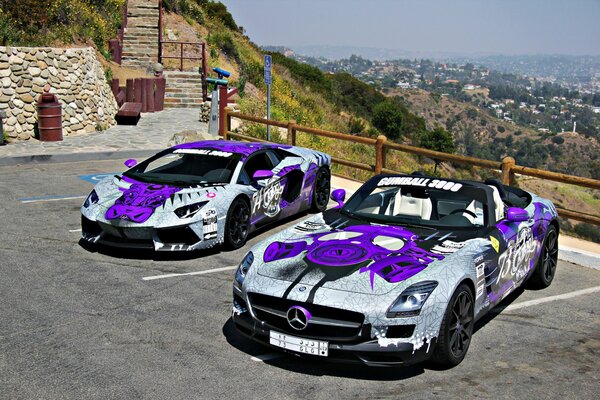 Lamborghini supercars with airbrushing in the parking lot