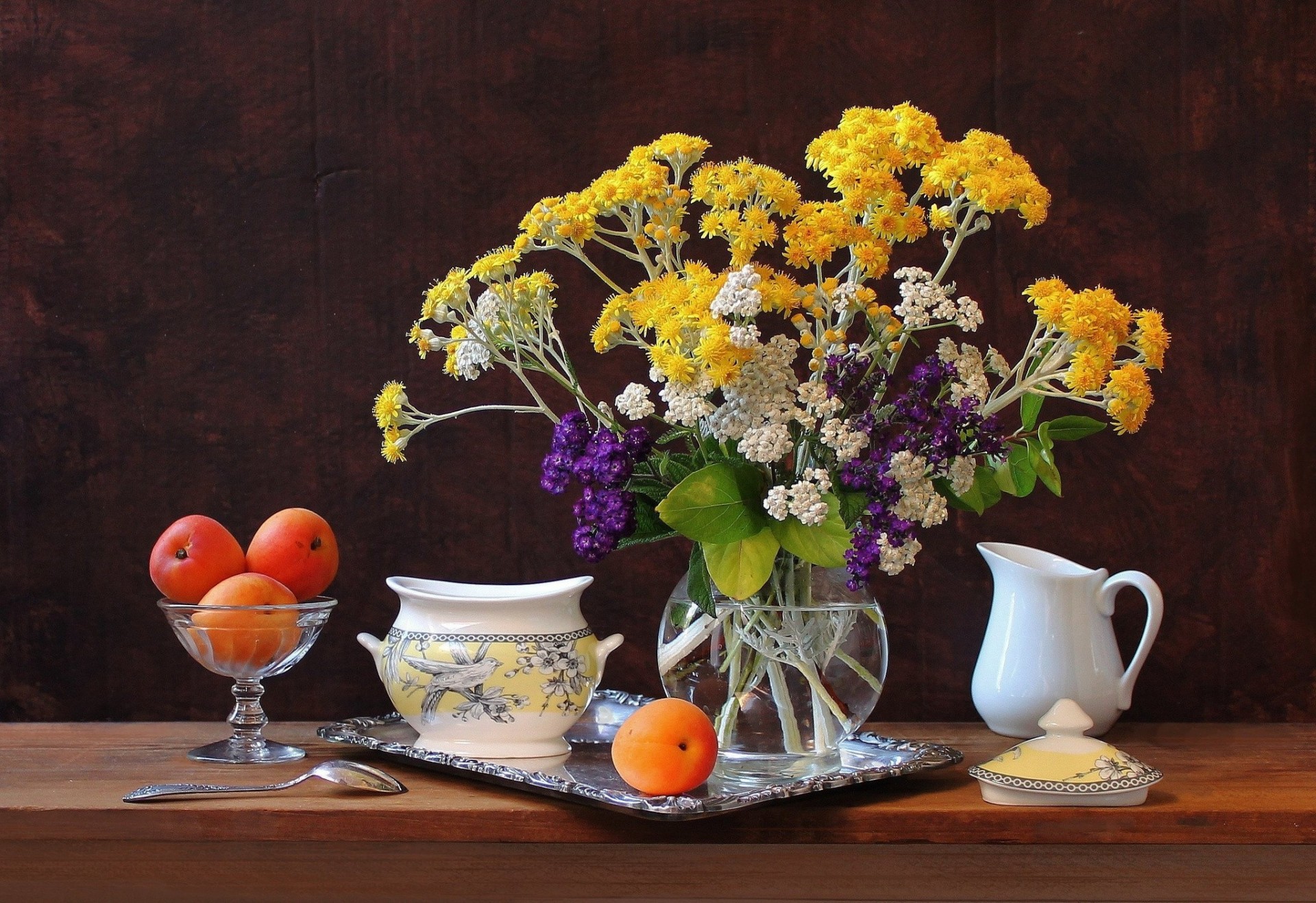 tray apricots sugar bowl flower bed