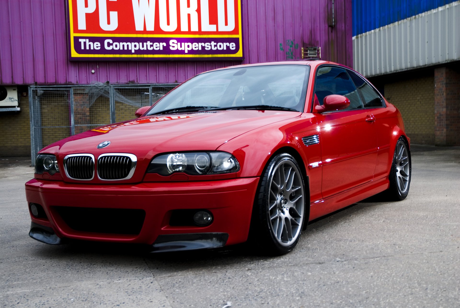 bmw m3 e46 red bmw red backyard wall fence air conditioning signboard glass reflection