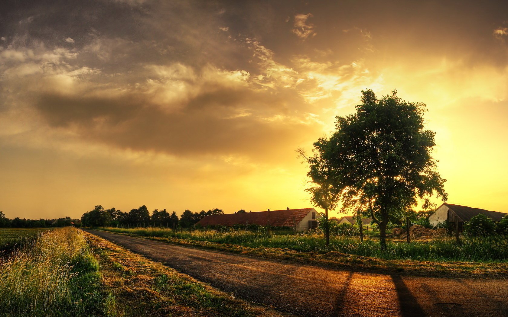 sonnenuntergang haus straße bäume