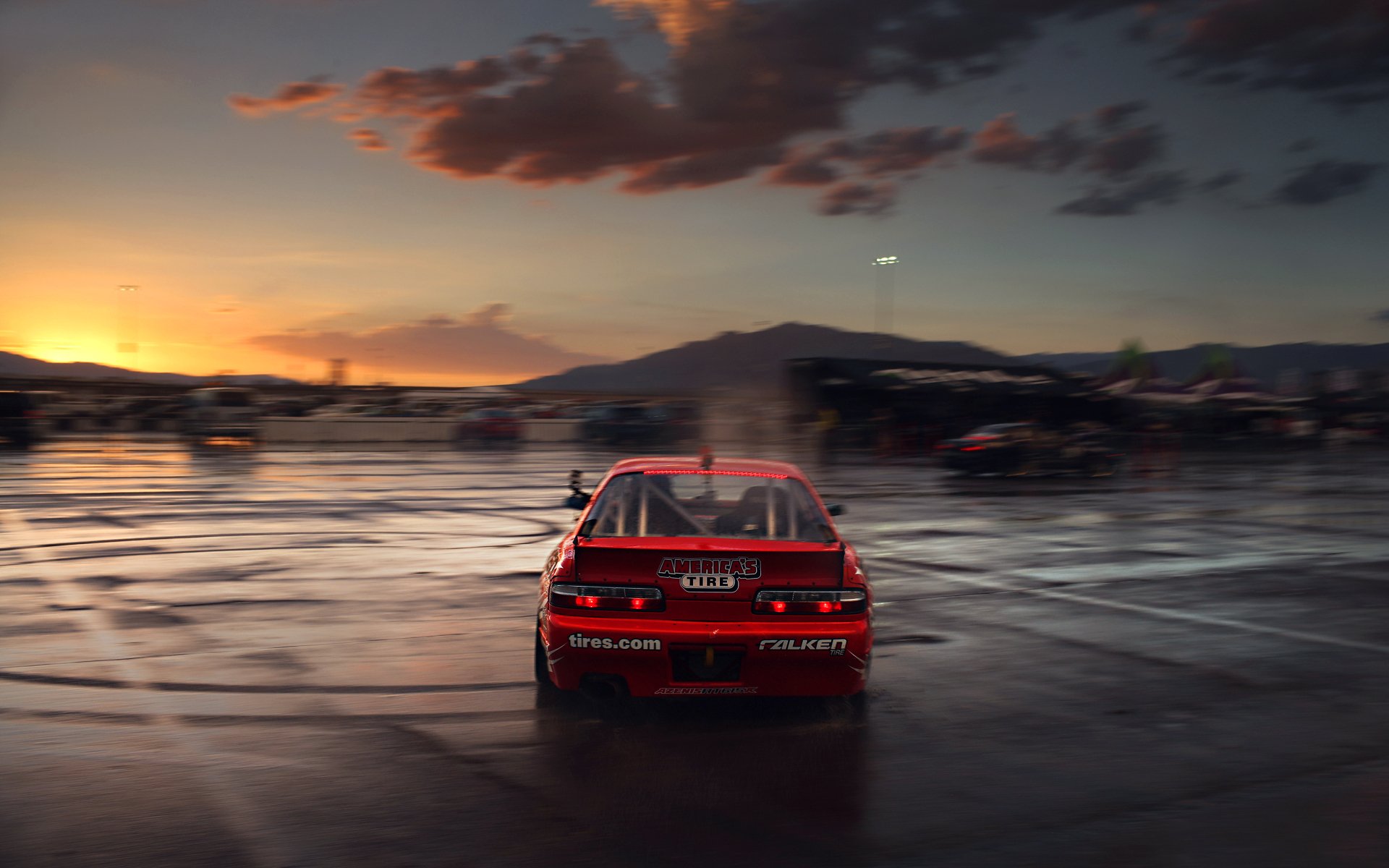 nissan silvia s13 deriva tuning coche deportivo competencia rojo puesta de sol tráfico nubes