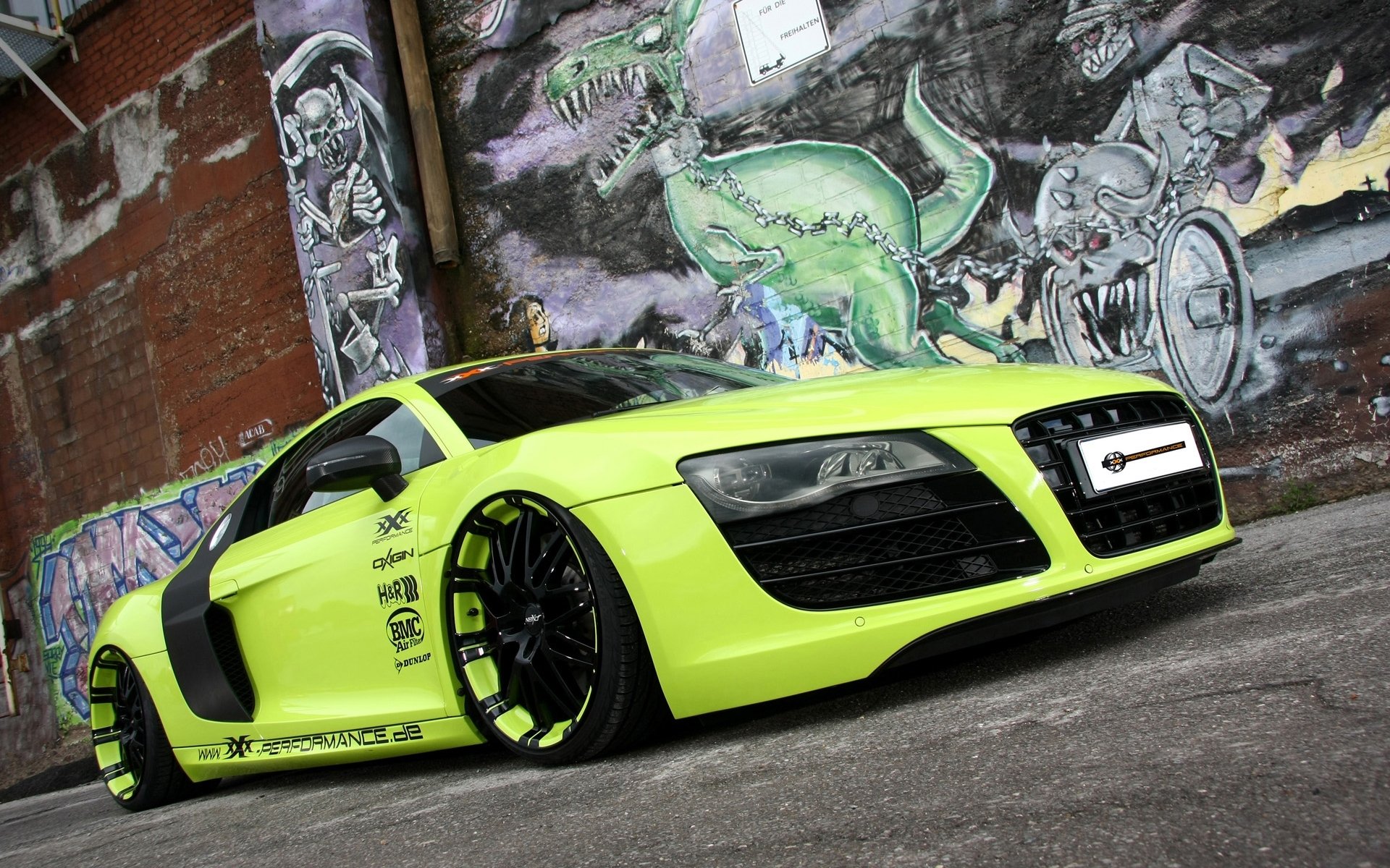 xxx performance audi r8 v10 audi p8 b10 supercar front end tuning wall graffiti background