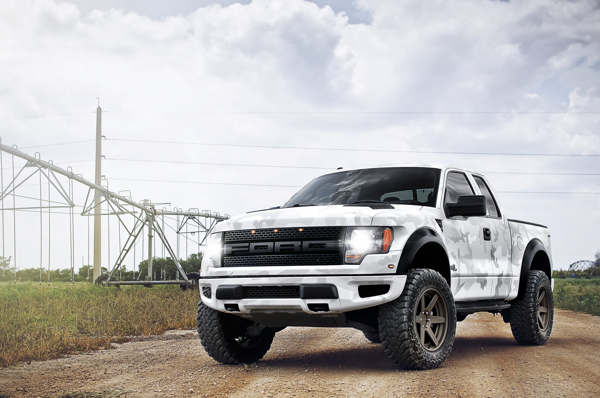 ford f-150 svt raptor biały raptor kamuflaż pickup niebo chmury linia energetyczna linia energetyczna