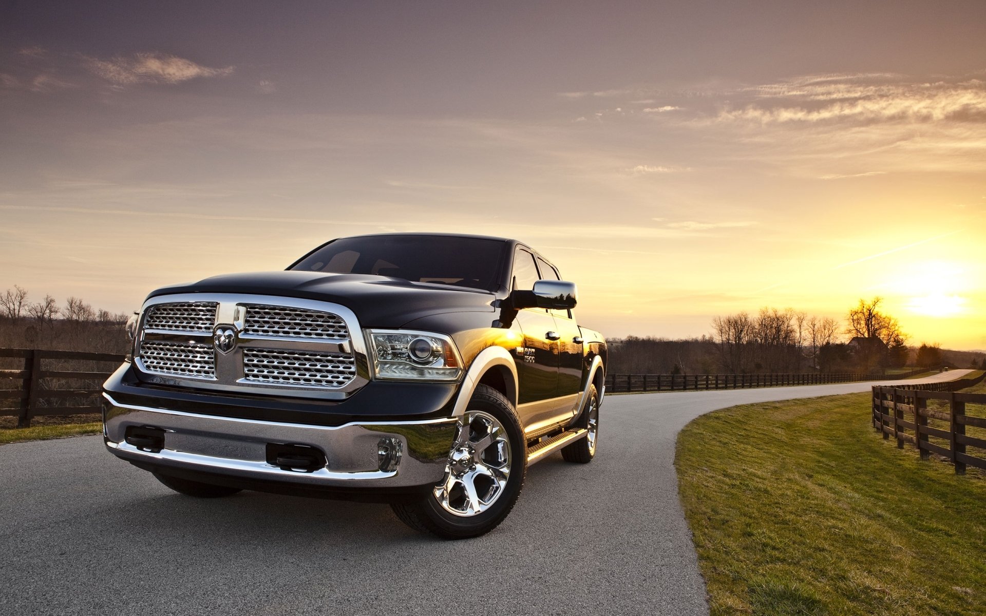 dodge ram 1500 laramie crew cab dodge ram jeep pickup front end road grass hedge sky sunset