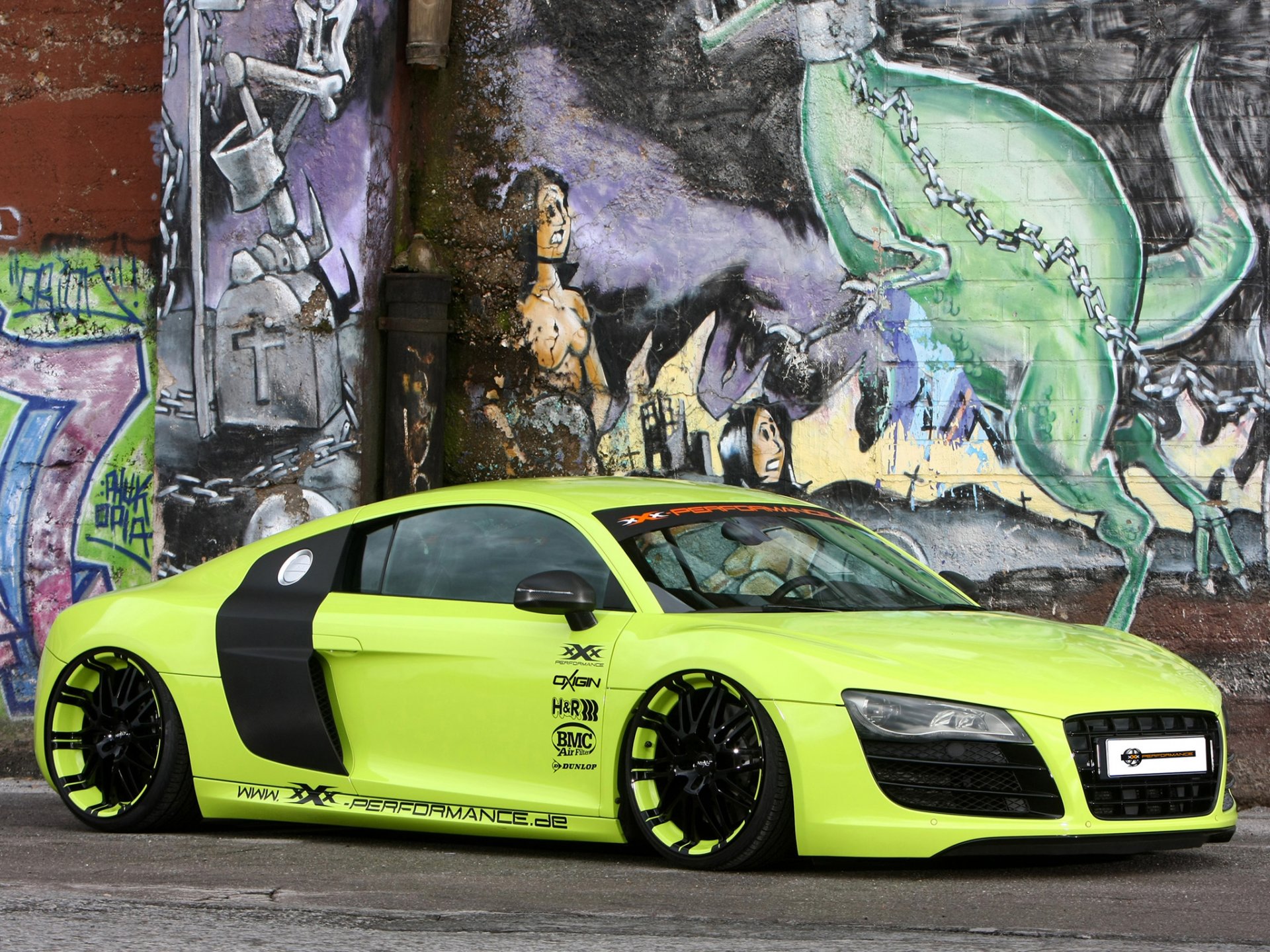 xxx performance audi r8 v10 audi p8 b10 supercar front end tuning rims wall graffiti background