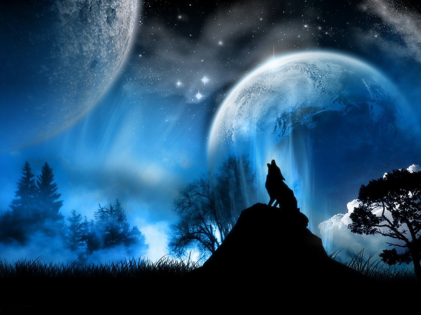 Силуэт воющего волка на фоне фантастической луны - обои на рабочий стол