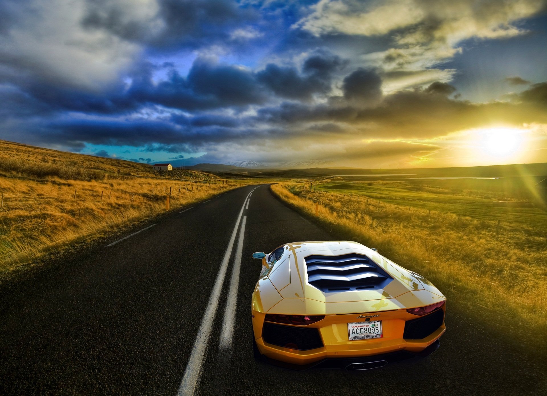 lamborghini aventador lp700-4 lb834 yellow lamborghini lamborghini aventador field road sky sun glare