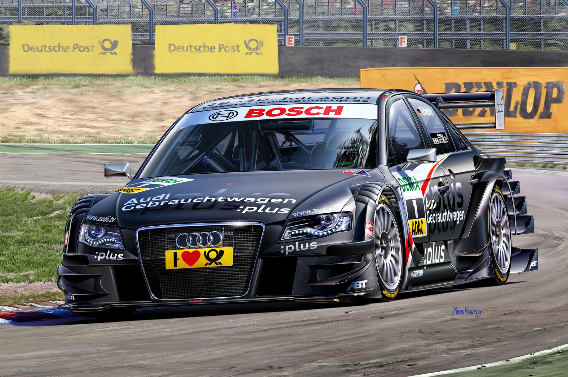 rysunek michał reinis samochód wyścigowy a4 wyścigi dtm 2009 deutsche tourenwagen masters zespół abt sportsline pilot timo scheider