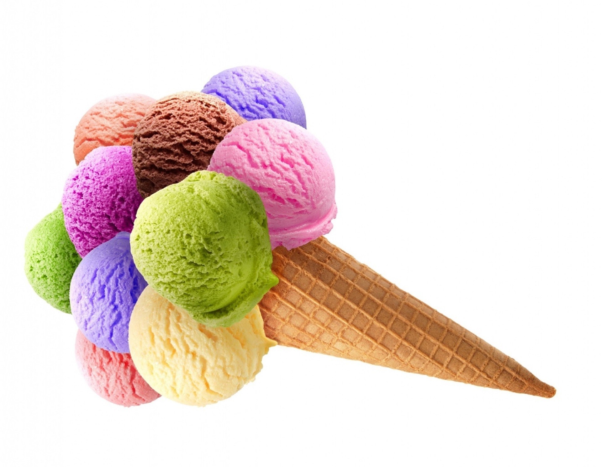 food sweet dessert colored balls white background waffle horn ice cream of the tube