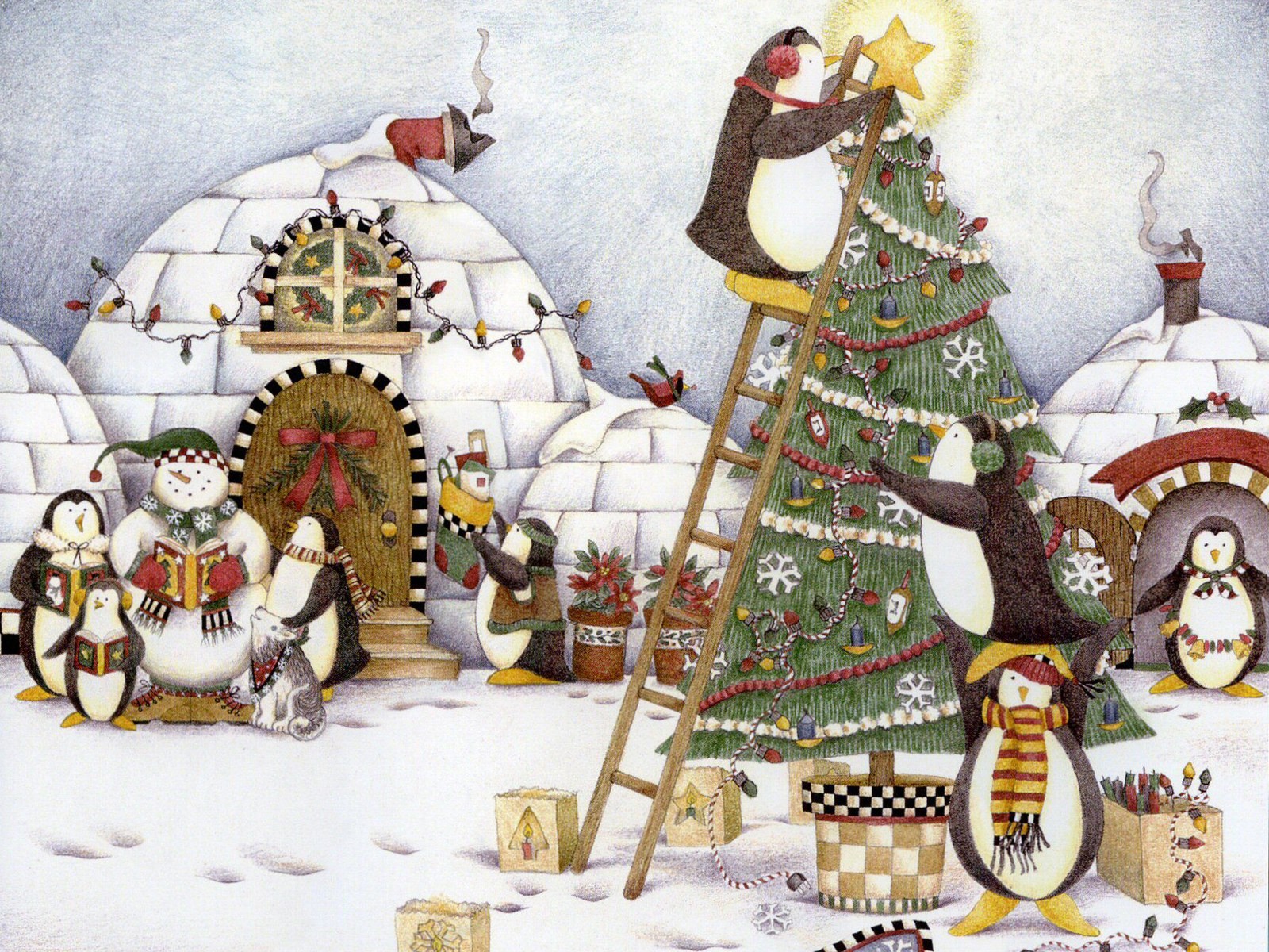 nouvel an arbre de noël igloo pingouins