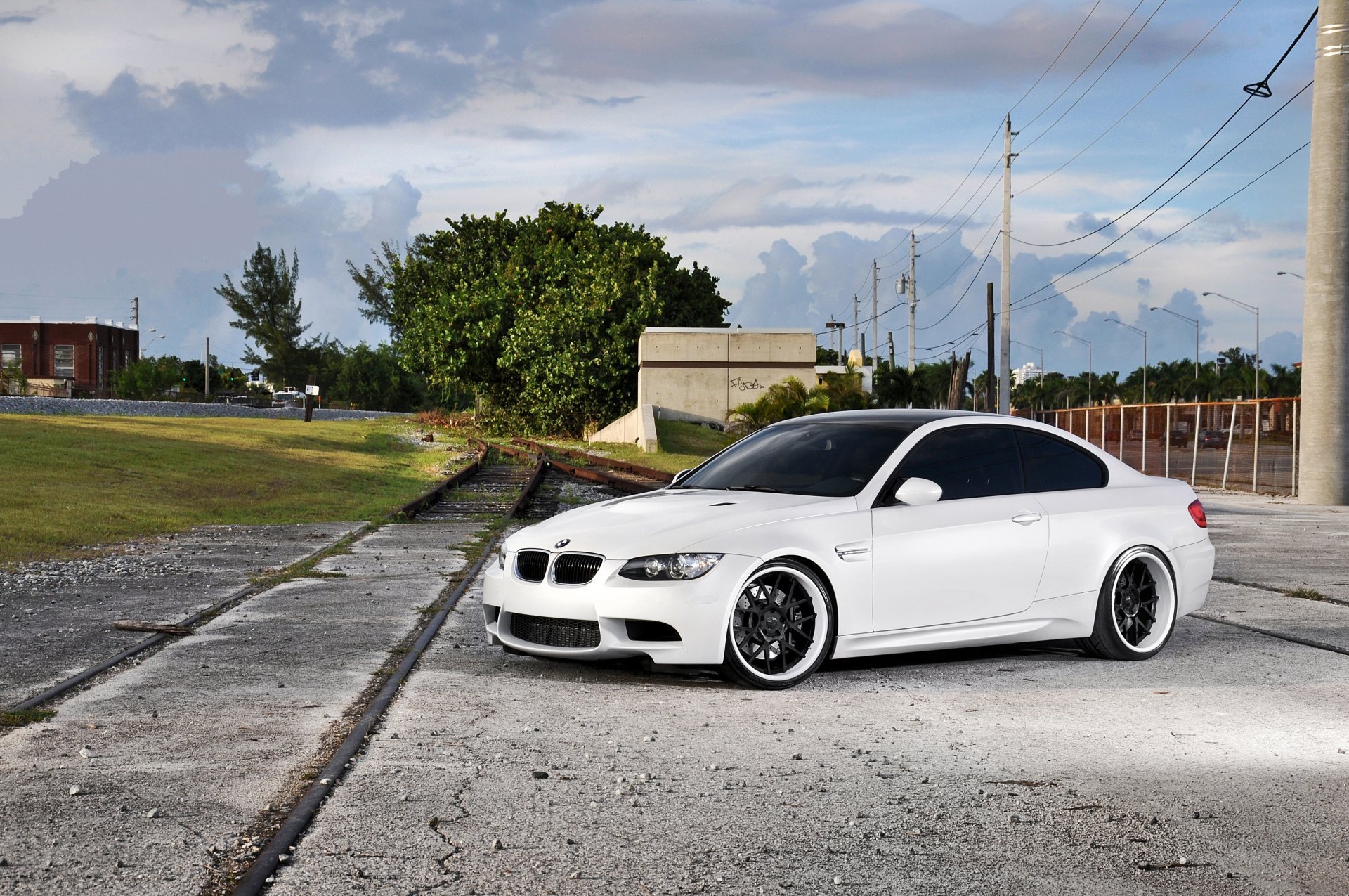 bmw m3 e92 white wheels bmw sky clouds tables power line railway