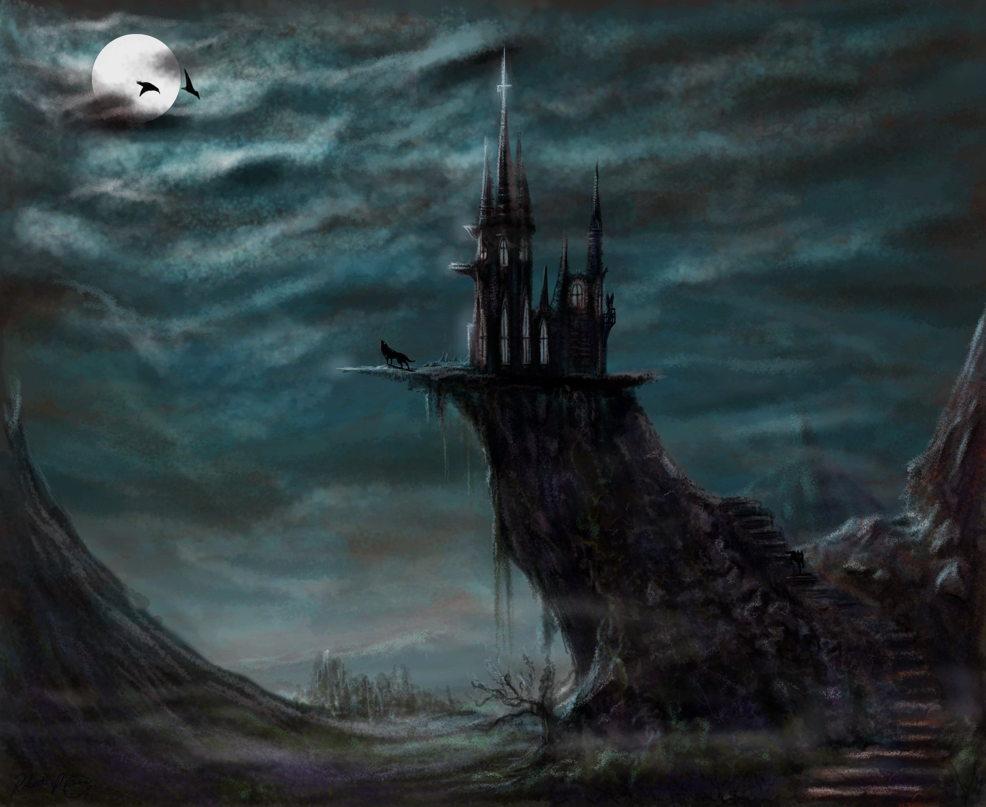 evil castle château art loup fantaisie nuit lune