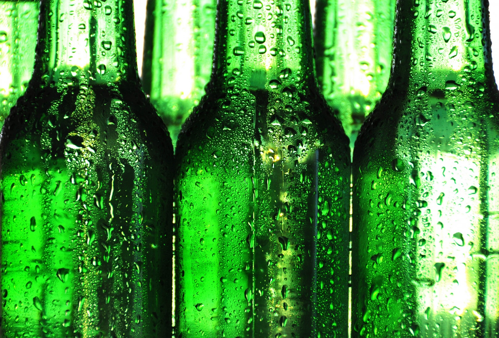 Зелёные запотевшие бутылки пива - обои на рабочий стол