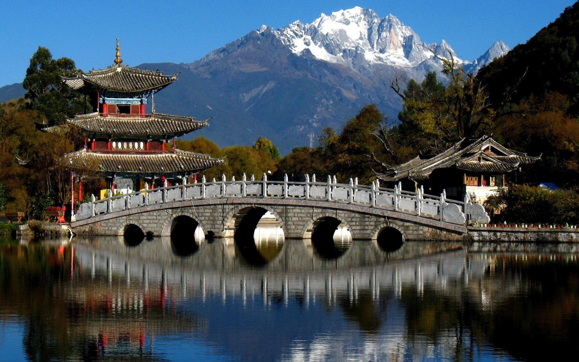 pagode brücke bäume fluss berge china