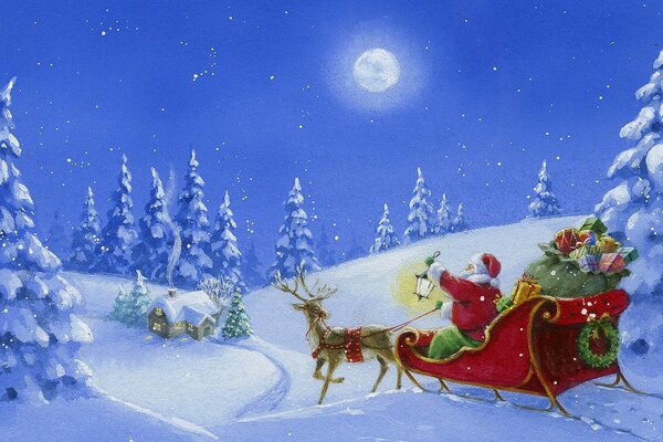 Retro-Weihnachtskarte mit Weihnachtsmann im Schlitten