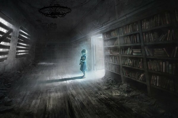 Animation fille dans une bibliothèque abandonnée
