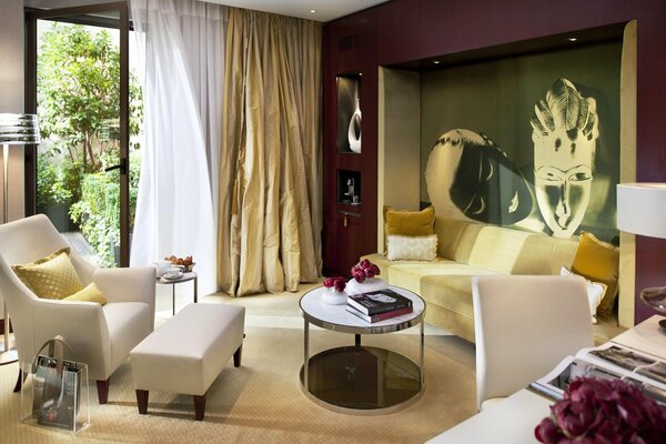 Interior with burgundy white and gold tones