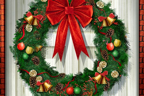 Spruce wreath with a bow on the door