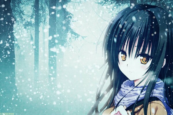 Cute anime in a snowy forest