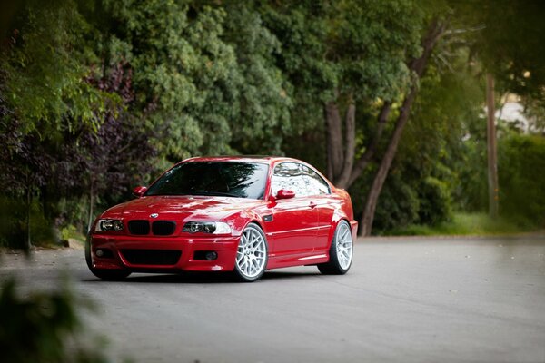 Red sports car on the road in the forest