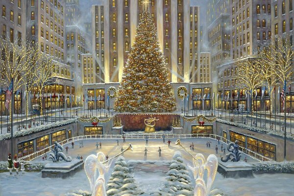 Christmas ice rink near the Christmas tree in New York