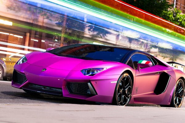 Purple car in the rainbow of the night city