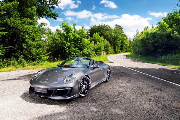 Cabrio am Straßenrand im Wald am Nachmittag