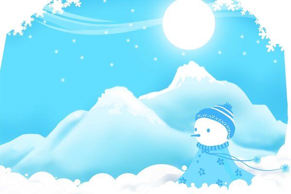 Snowman at the North Pole with the moon