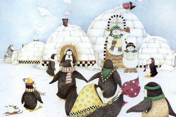 Illustration avec des pingouins, bonhommes de neige et Igloo