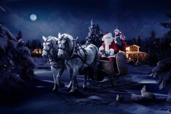 Święty Mikołaj przynosi prezenty na koniach