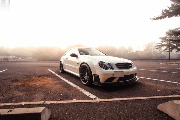 Mercedes en el estacionamiento en medio de un bosque en una espesa niebla