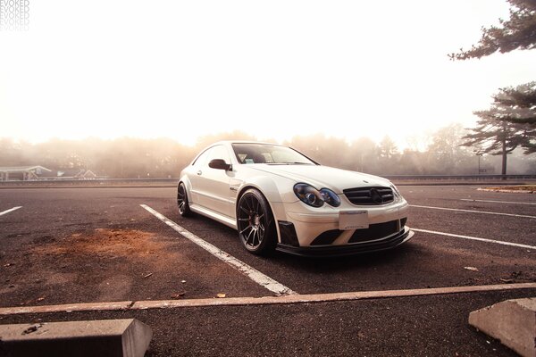 Mercedes на парковке на фоне леса в густом тумане
