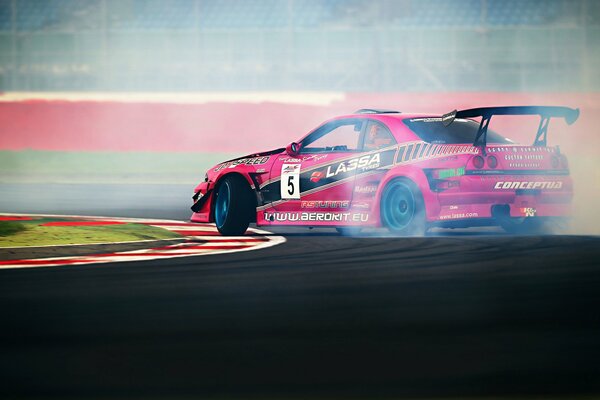 Tuned Nissan sports car drifts in smoke