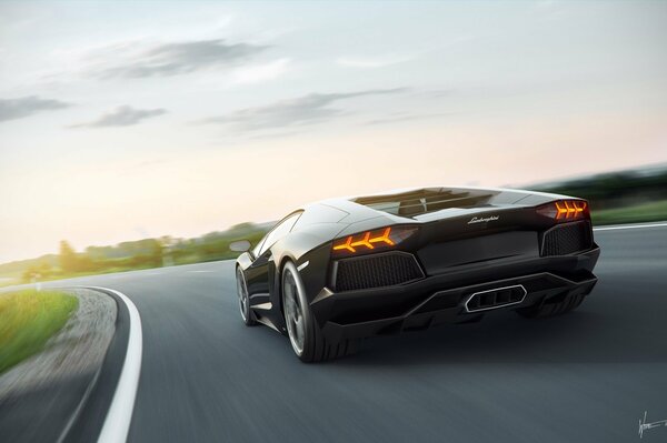 Ein schwarzer Lamborghini fliegt mit hoher Geschwindigkeit die Strecke entlang