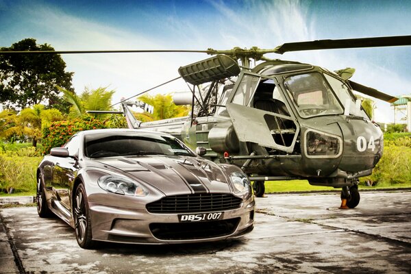 Aston martin and James Bond helicopter