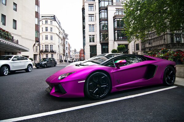 A powerful purple Lamborghini is parked in the parking lot