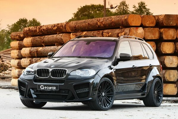 BMW x5 car on the background of a stack of logs