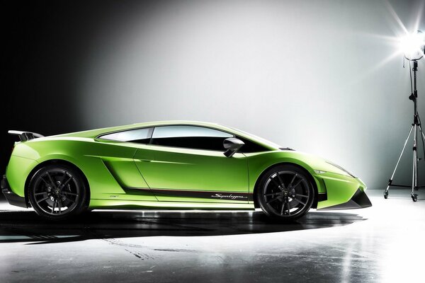 Zielony Lamborghini Gallardo na szarym tle