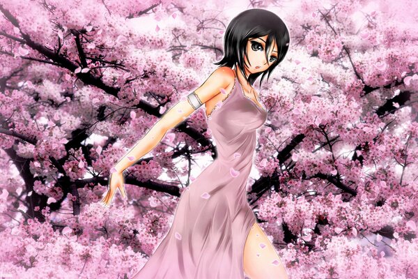 Ein Anime-Mädchen in einer blühenden Sakura