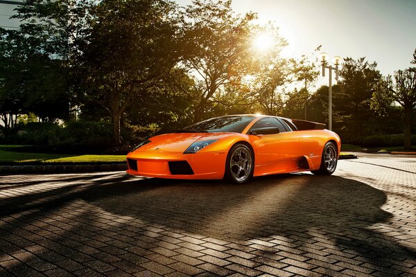 Lamborghini orange sous l éblouissement du soleil dans le parc