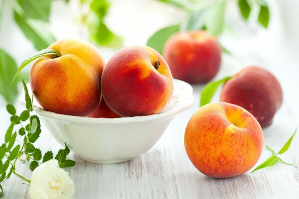 Peaches on a white table with flowers